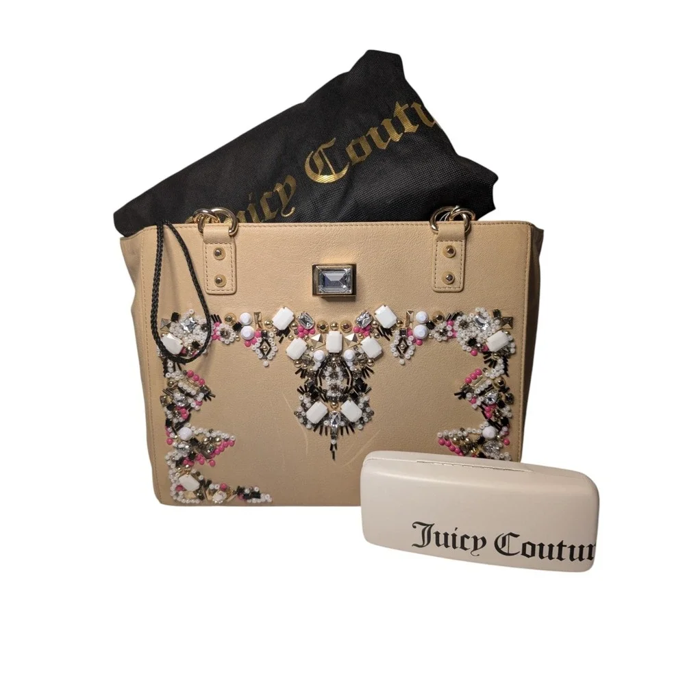 Juicy Couture Freya Genuine Leather Satchel Bejeweled Cream Gold NWT Dust Bag